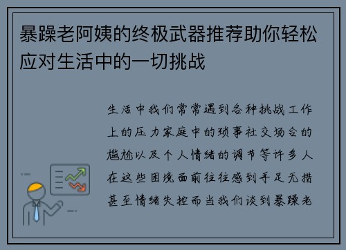 暴躁老阿姨的终极武器推荐助你轻松应对生活中的一切挑战