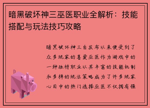 暗黑破坏神三巫医职业全解析：技能搭配与玩法技巧攻略